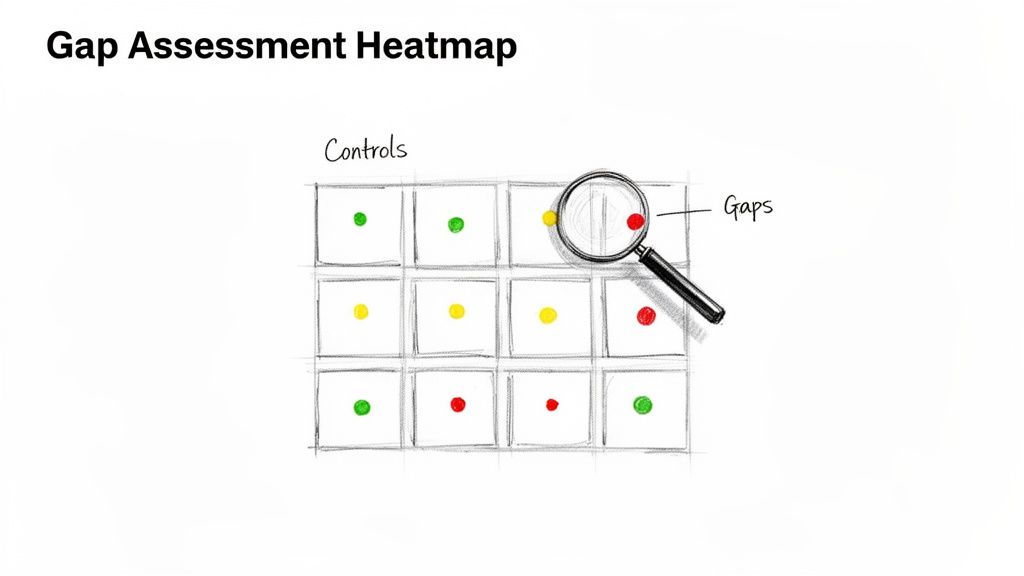 Hand-drawn gap assessment heatmap with green, yellow, and red controls, and a magnifying glass highlighting gaps.
