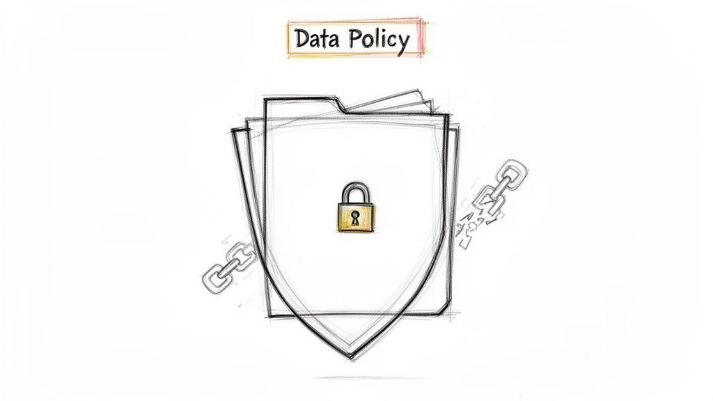 Hand-drawn illustration depicting 'Data Policy' with a locked shield protecting documents, and broken security chains.