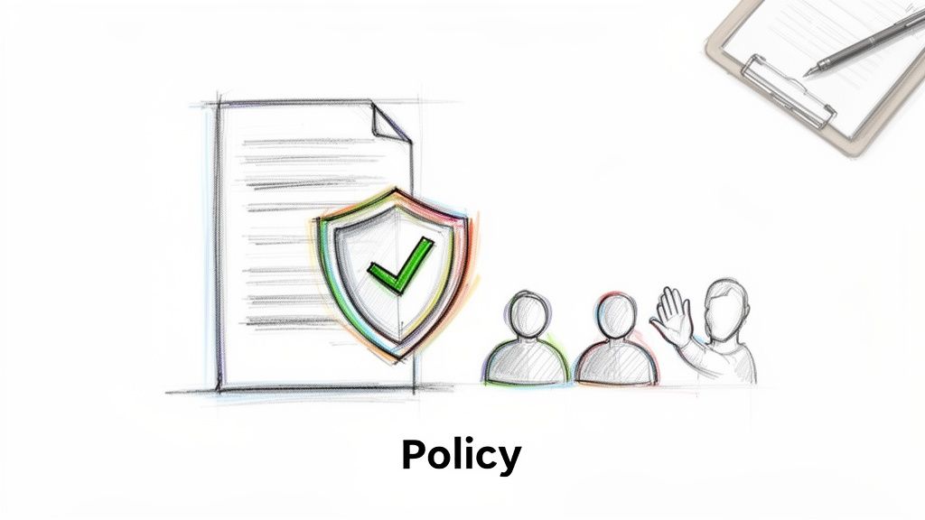 A sketch illustrating a policy document with a security shield and checkmark, alongside three people.