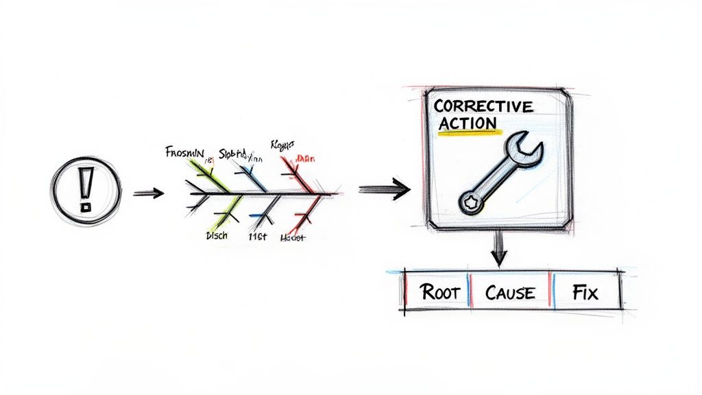 Diagram illustrating problem identification, root cause analysis using a fishbone diagram, and corrective action.