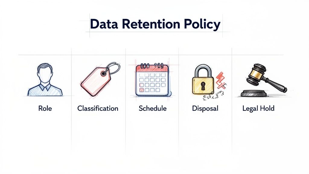 An infographic illustrating a data retention policy with key elements like role, classification, schedule, disposal, and legal hold.