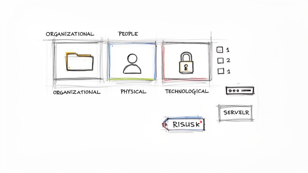 A hand-drawn diagram illustrating organizational, physical, and technological security framework categories.