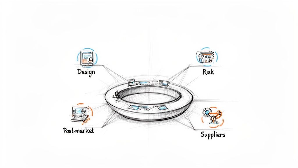 A diagram illustrating an integrated quality management system connecting design, risk, post-market, and suppliers.
