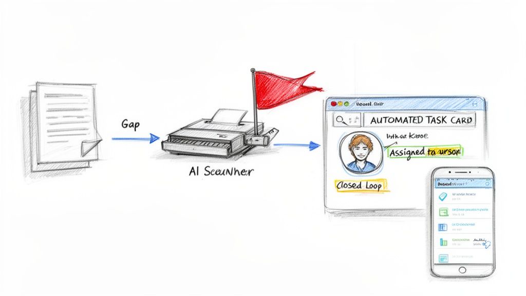 Sketch illustrating an AI scanner processing documents to create an automated task card and mobile notification, depicting a closed-loop workflow.