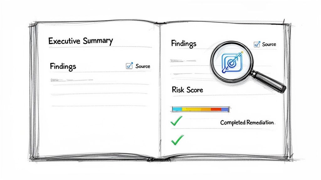 Sketch of an open report showing executive summary, findings, risk score, and completed remediation with a magnifying glass.