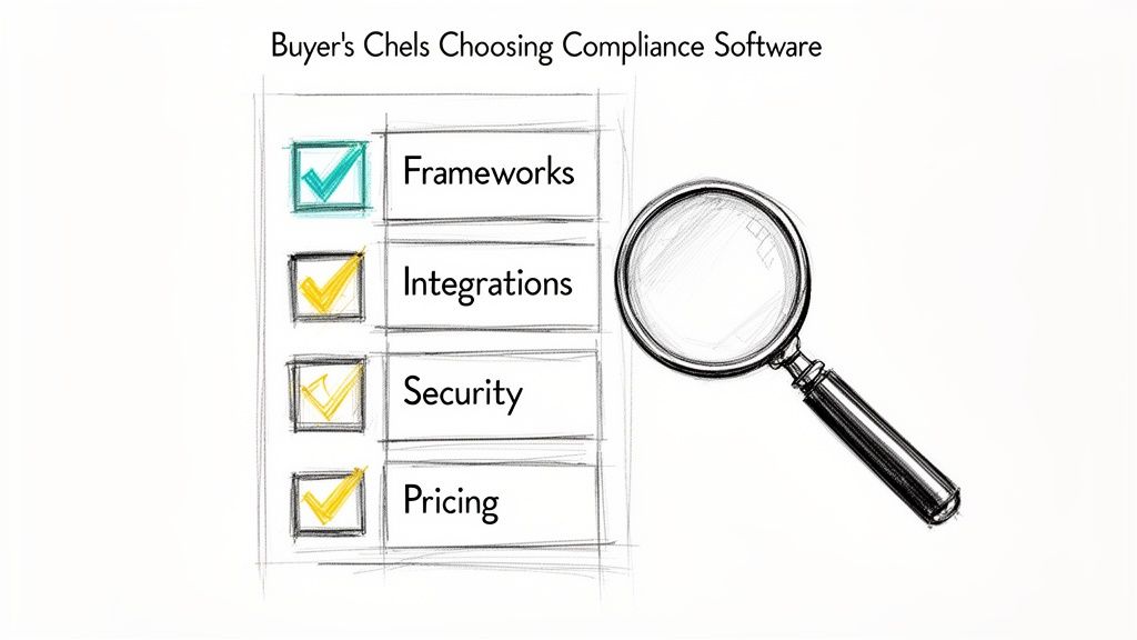 Checklist for choosing compliance software with frameworks, integrations, security, pricing, and a magnifying glass.