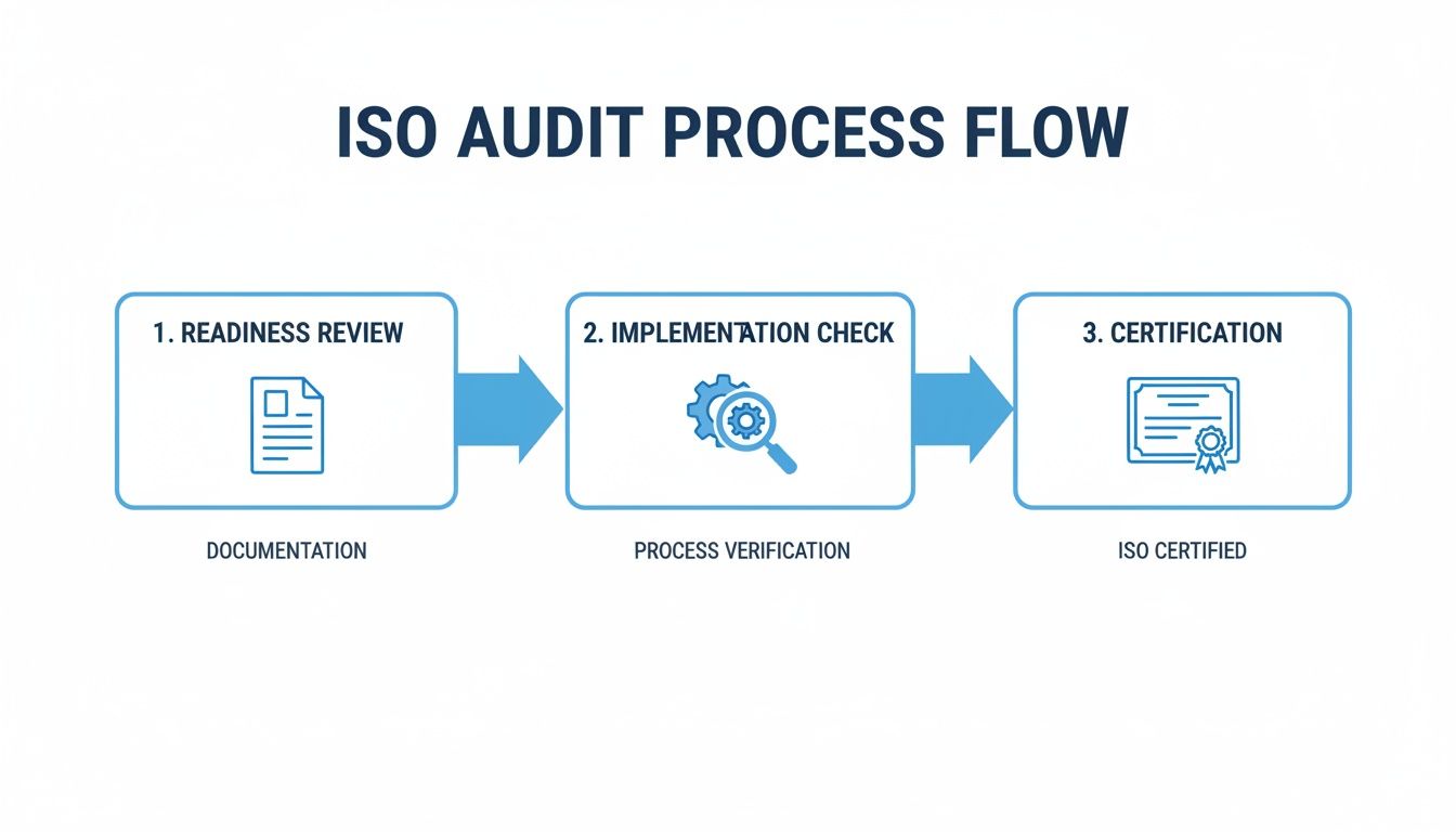 An ISO audit process flow diagram illustrating three steps: readiness review, implementation check, and certification.