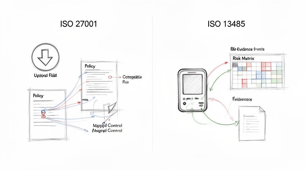 Visualizing compliance workflows for ISO 27001 information security and ISO 13485 medical device quality.