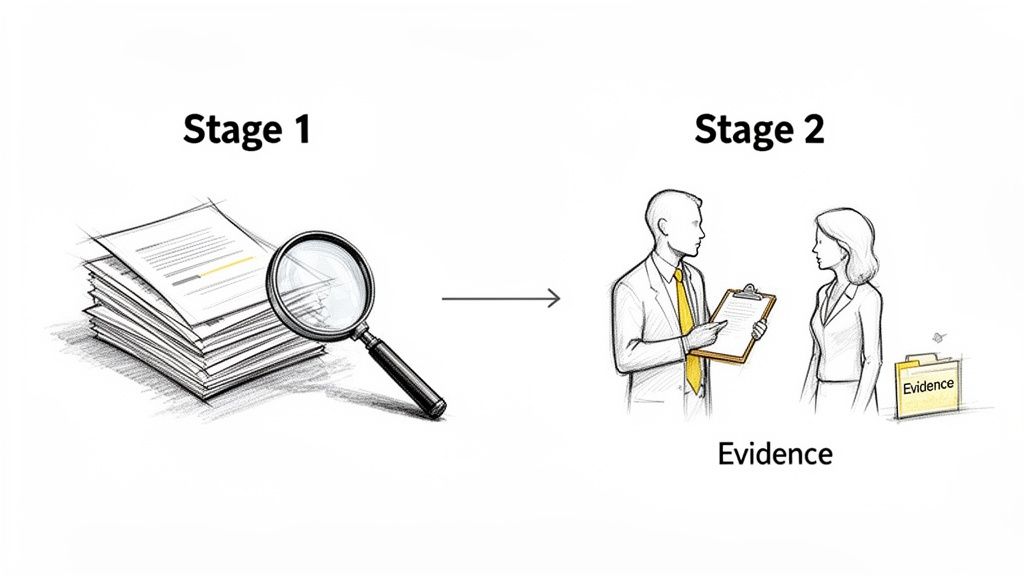 An illustration showing two stages of a process: document review with a magnifying glass and discussion with evidence.