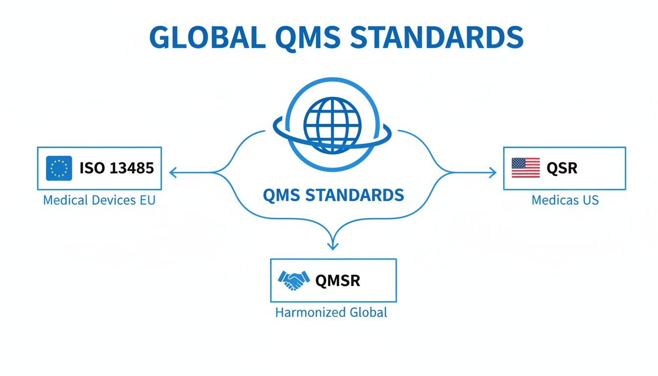 Diagram illustrating global medical device quality management system standards: ISO 13485, QSR, and harmonized QMSR.