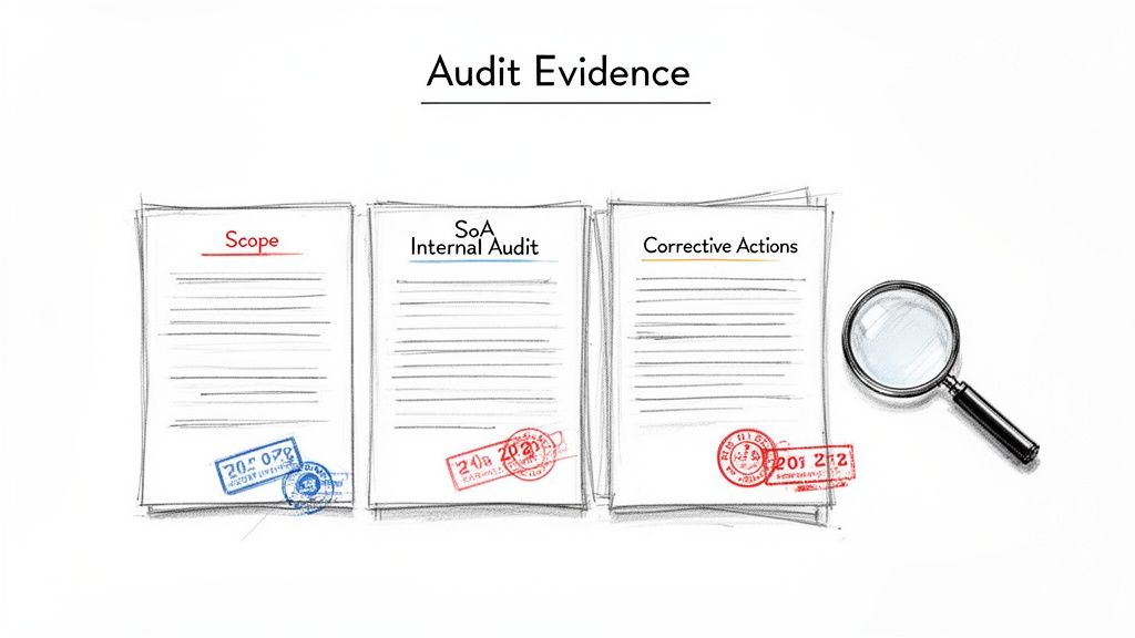 Visual representation of audit evidence documents, including scope, internal audit, and corrective actions, with a magnifying glass.