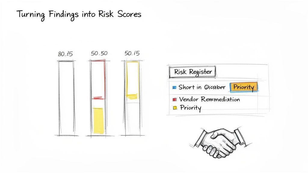 Charts illustrating risk scores derived from findings, including vendor remediation and priority, with a handshake.