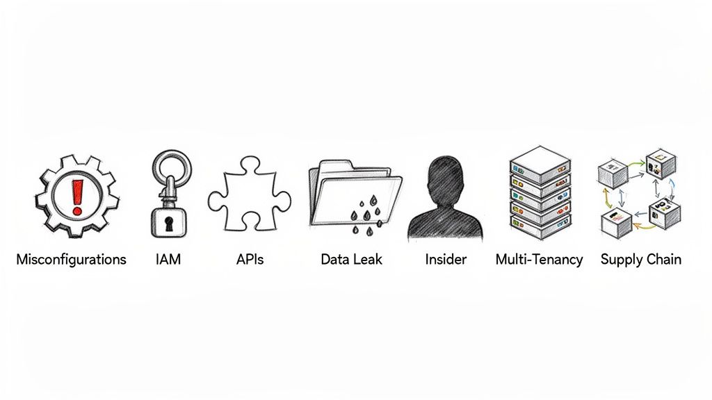Illustrations of common cloud security challenges: misconfigurations, IAM, APIs, data leaks, insider threats, multi-tenancy, and supply chain.