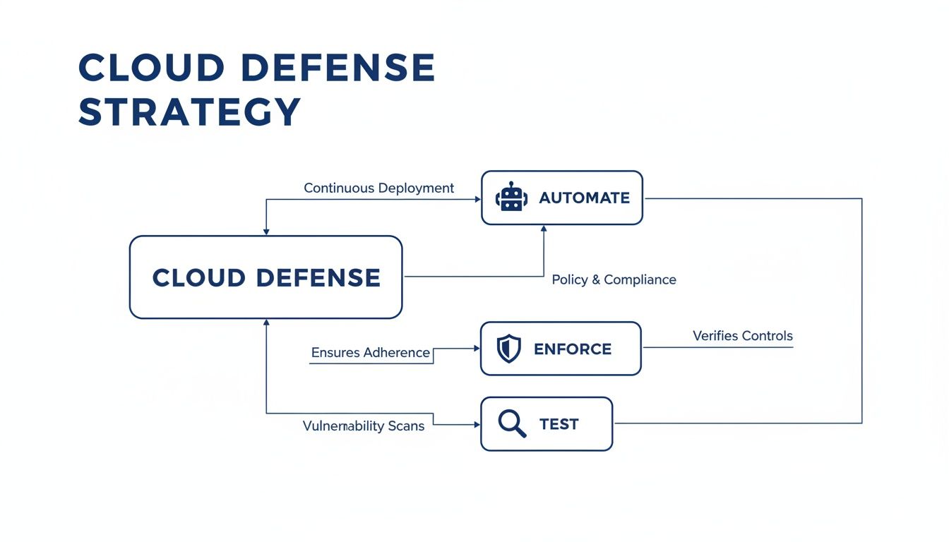 A cloud defense strategy diagram showing automation, enforcement, and testing processes for continuous security.