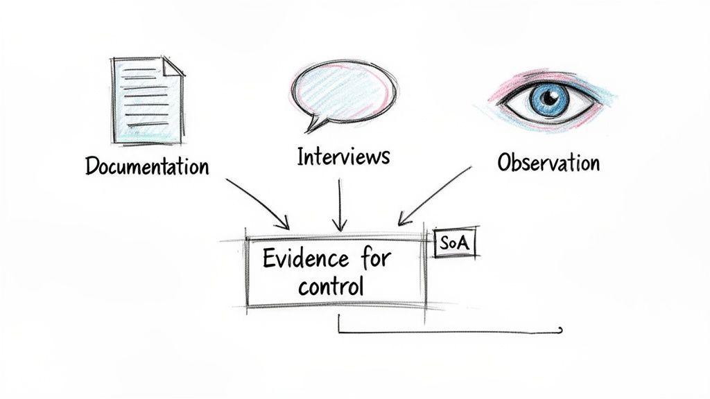 A diagram showing how documentation, interviews, and observation contribute to evidence for control, including SoA.