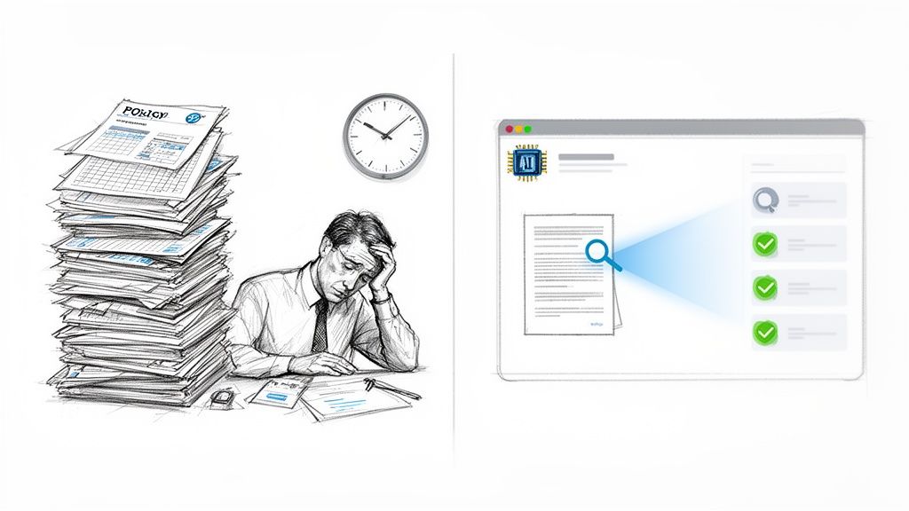A man overwhelmed by paper policies, contrasted with AI efficiently scanning digital documents for compliance.