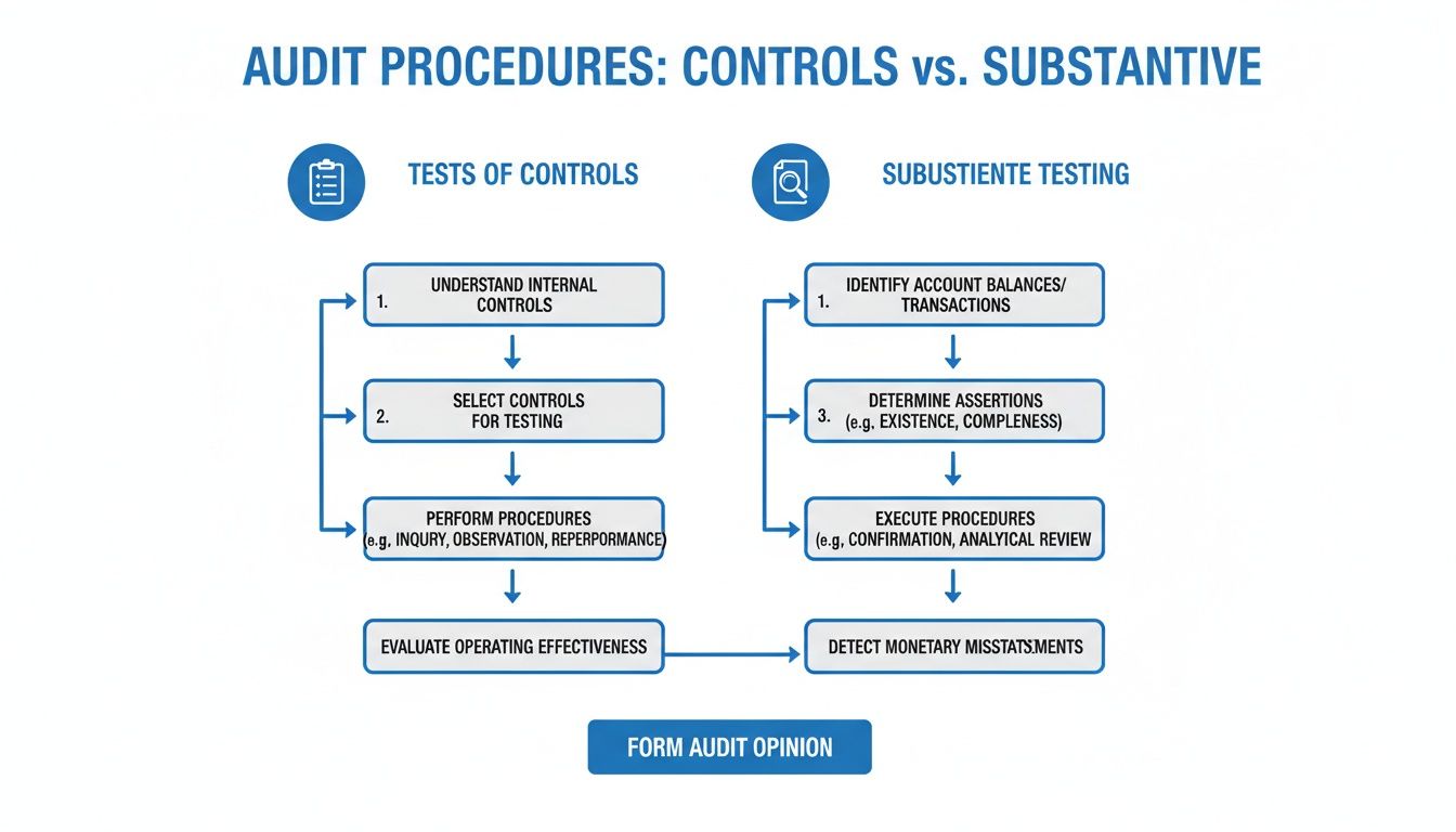 Flowchart illustrating audit procedures: tests of controls versus substantive testing leading to audit opinion.