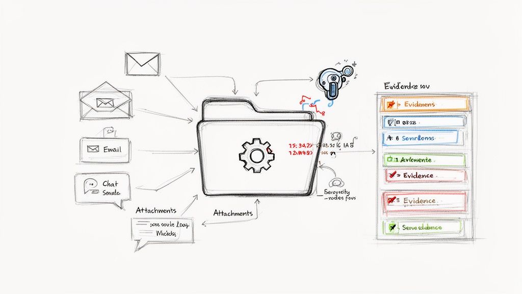 A diagram illustrates data inputs like email, chat, and attachments flowing into a processing folder, generating categorized evidence reports.