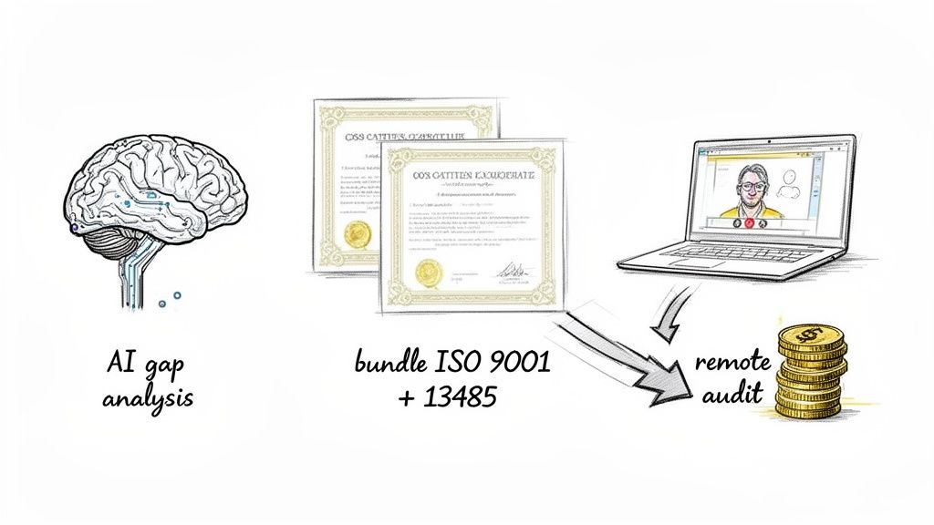Diagram illustrating AI gap analysis, ISO 9001/13485 certification bundle, and remote audit with cost savings.