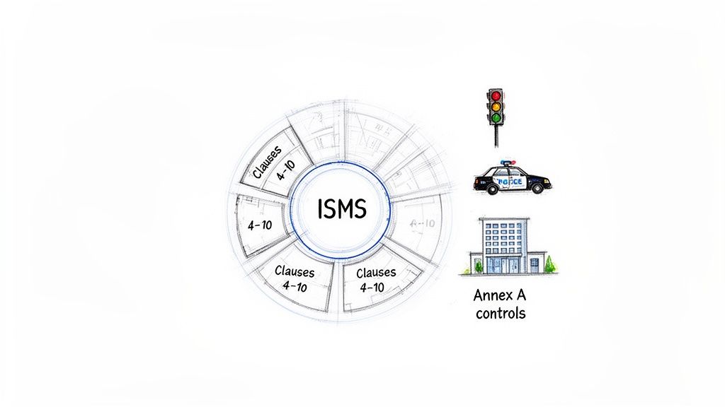 An ISMS diagram detailing Clauses 4-10 and Annex A controls represented by a traffic light, police car, and building.