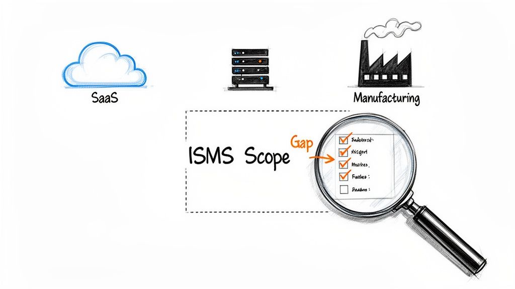 A diagram illustrating ISMS scope, highlighting a gap in a checklist for products, alongside SaaS, servers, and manufacturing.