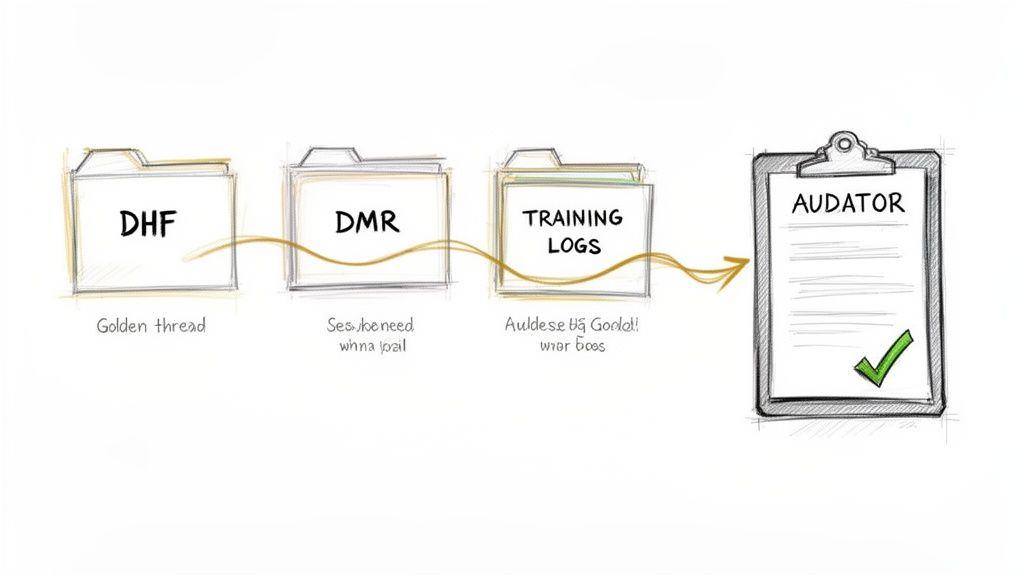 Diagram illustrating a quality management process with DHF, DMR, Training Logs leading to an Auditor clipboard.