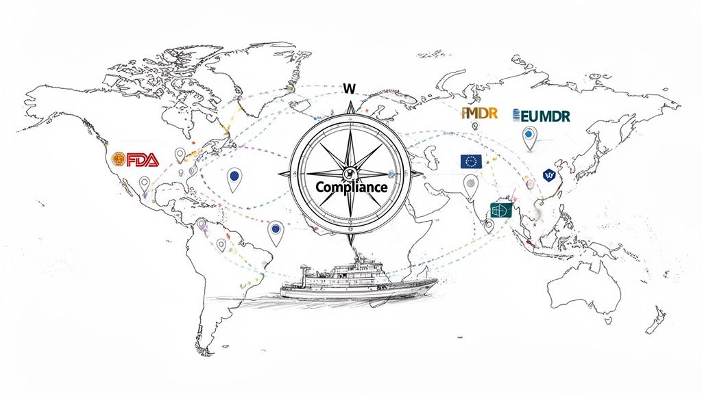 World map showing global medical device regulatory compliance with key agency logos, shipping, and a compass.