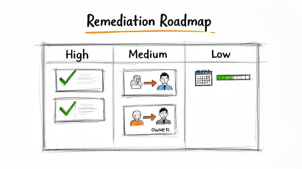 A remediation roadmap diagram showing high, medium, and low priority items with their status and assignments.