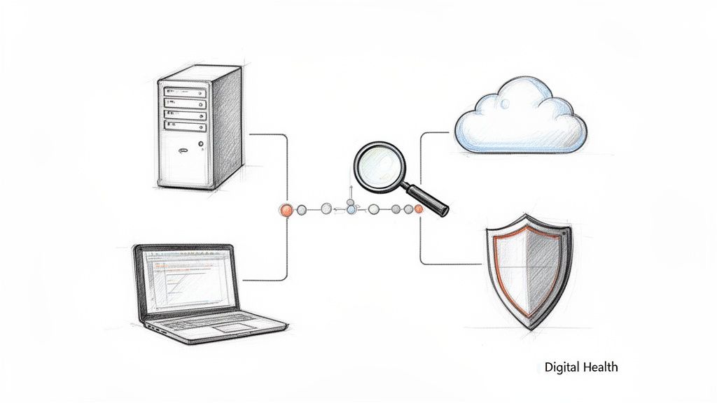 Sketch of a digital health system with server, laptop, cloud, and shield connected by a monitored data flow.