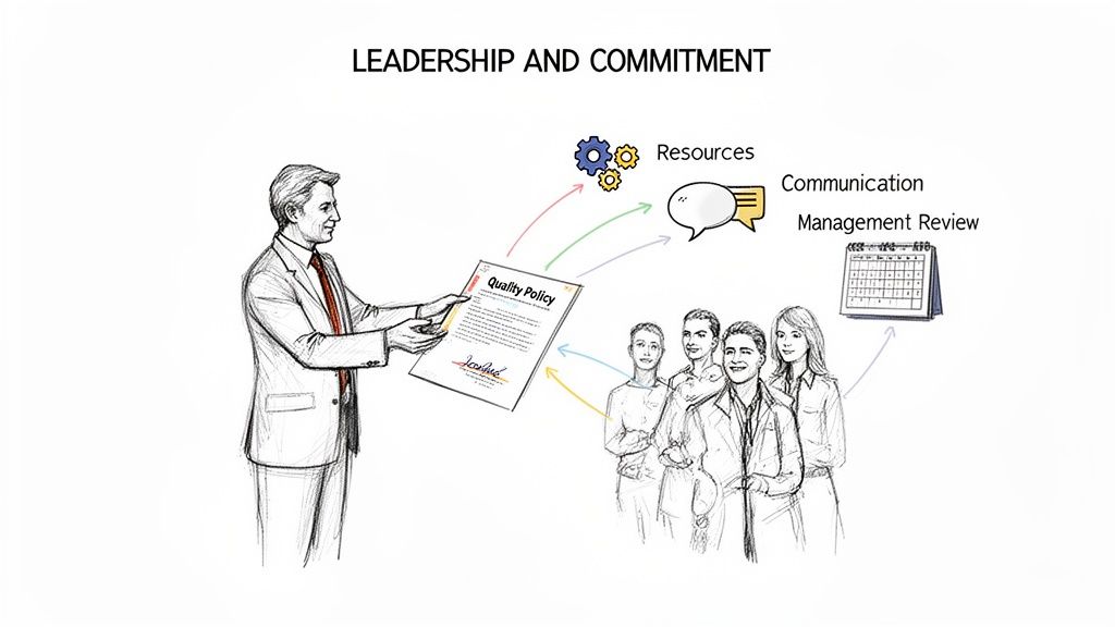 A leader presents a quality policy document to a team, demonstrating commitment to quality management.