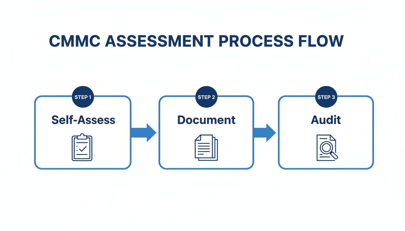 CMMC assessment process flow diagram showing three steps: Self-Assess, Document, and Audit.