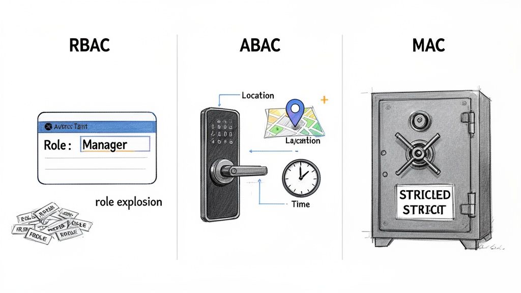 Illustrates three access control models: RBAC, ABAC, and MAC, with examples of roles, attributes, and strict security.