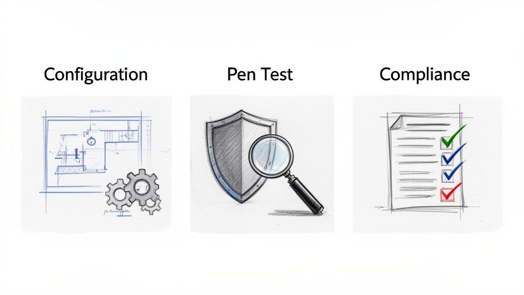 Three hand-drawn illustrations show configuration, penetration testing, and compliance processes.