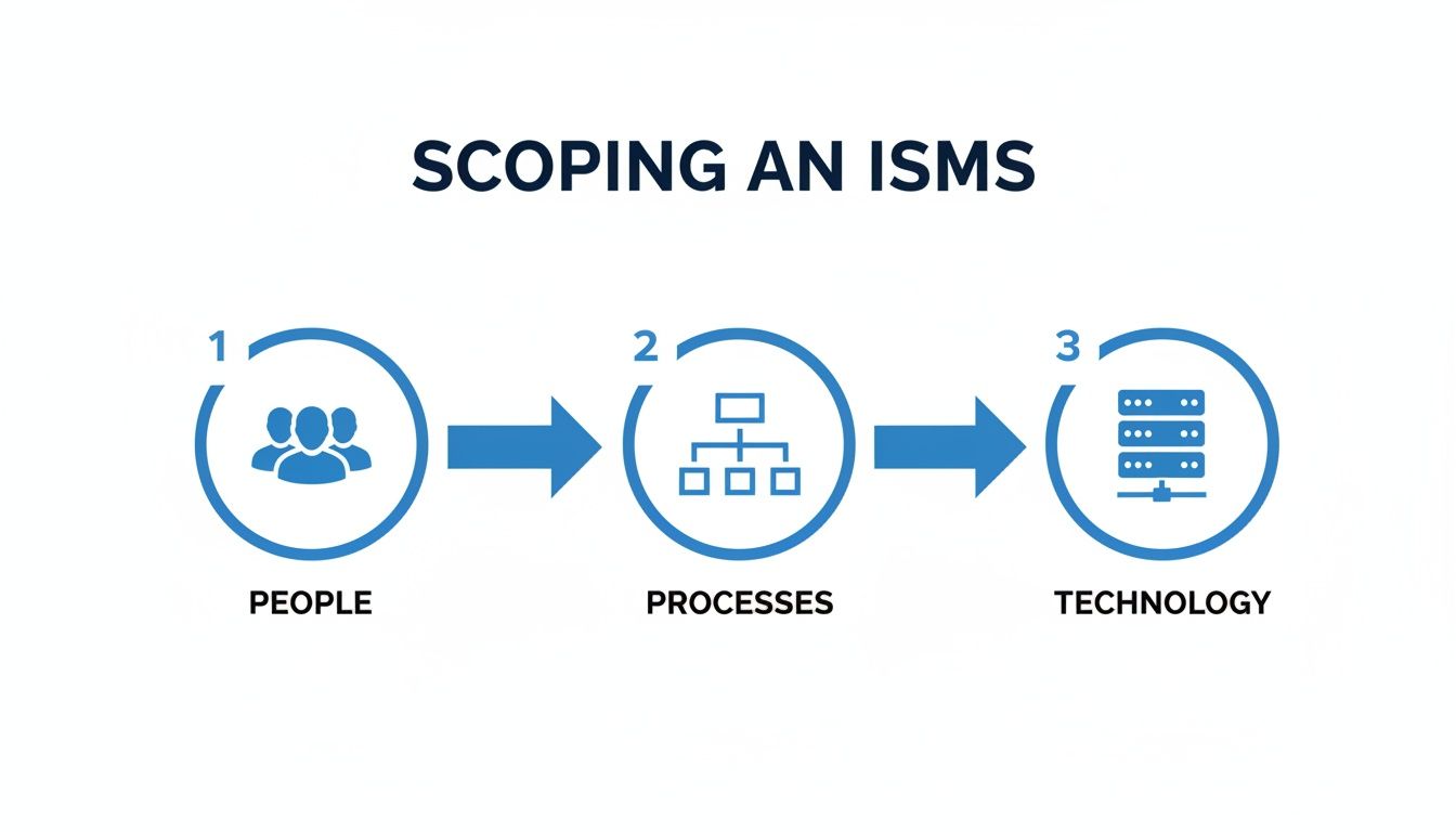 Flowchart illustrating the three key elements for scoping an ISMS: People, Processes, and Technology.