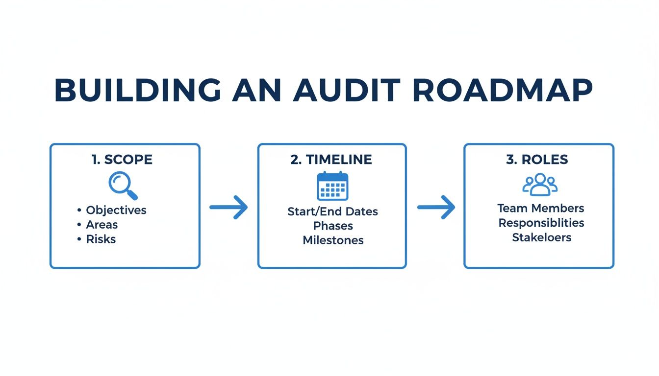 A visual guide illustrating how to build an audit roadmap with steps for scope, timeline, and roles.