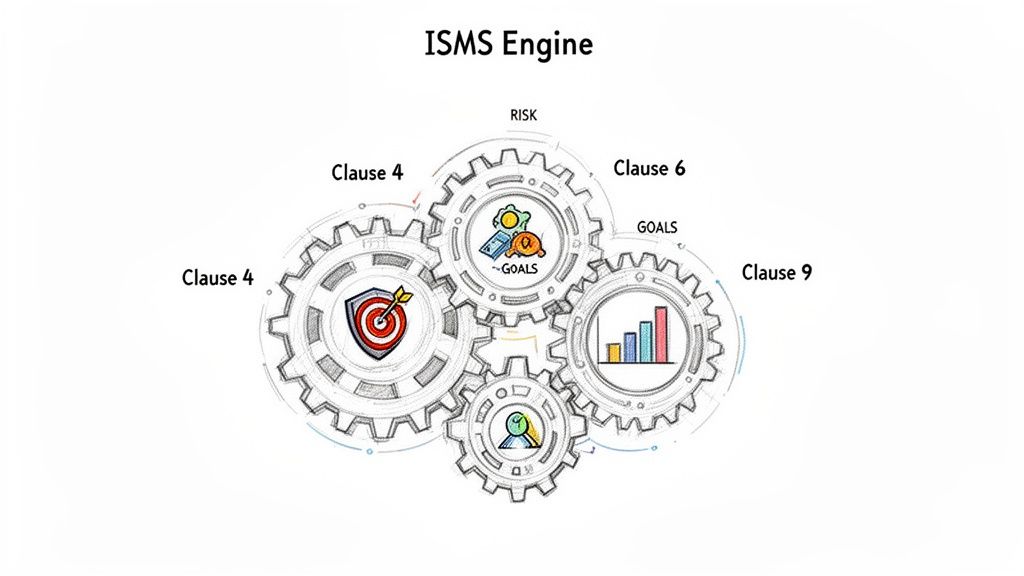 Diagram of an ISMS Engine with interconnected gears, representing Clauses 4, 6, and 9, showing risk and goals.