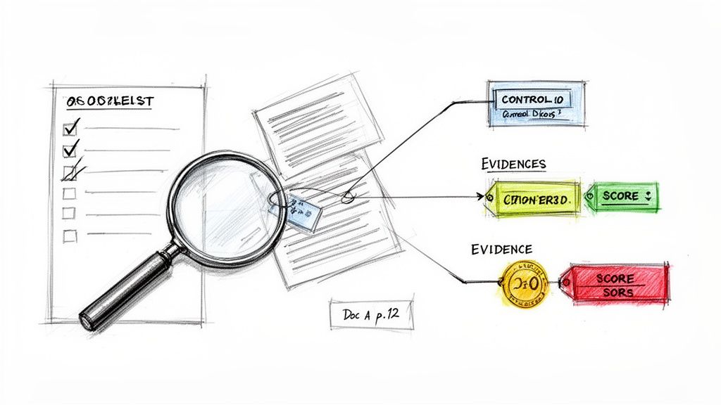 Sketch illustrating a compliance review process with documents, a checklist, a magnifying glass, and evidence scoring.