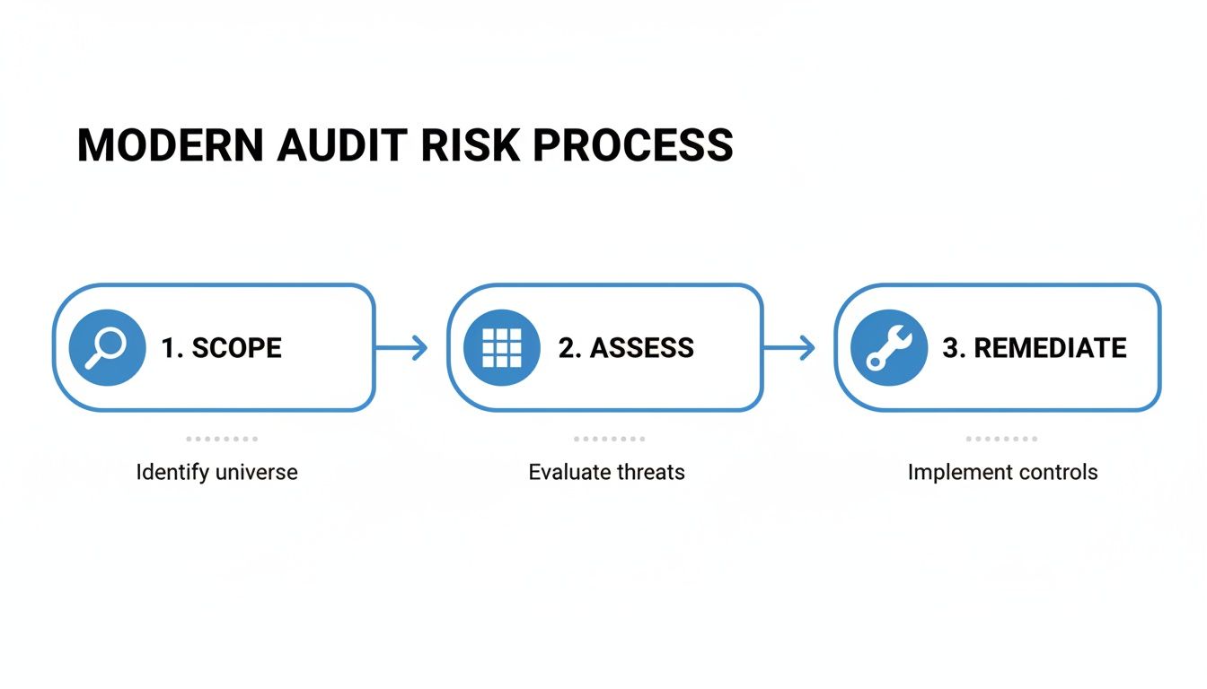 Flowchart outlining the modern audit risk process in three steps: Scope, Assess, and Remediate.