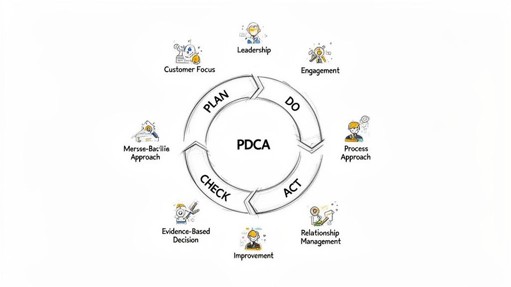 Illustration of the PDCA cycle surrounded by eight quality management principles such as Leadership and Customer Focus.