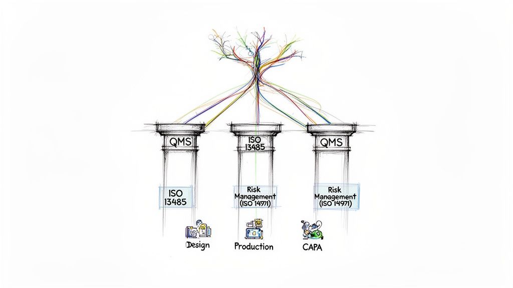 Diagram showing three pillars representing QMS, ISO 13485, and risk management supporting a compliance framework.