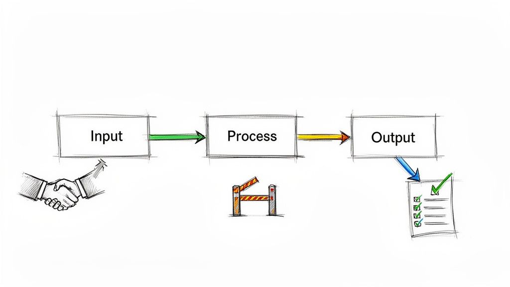 A visual representation of an Input-Process-Output flow, including a quality check barrier and completed checklist.