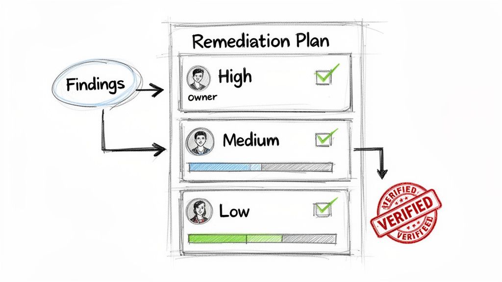 A diagram outlining a remediation plan with findings categorized by high, medium, and low priorities, showing progress and verification.