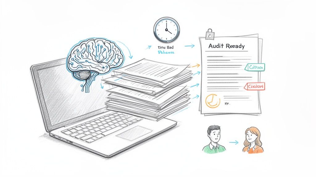 An AI-powered laptop processes a stack of documents into an 'Audit Ready' report, streamlining compliance tasks for users.