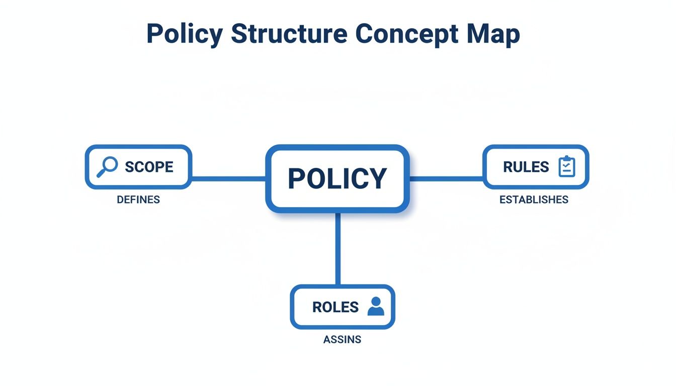 A concept map illustrating the structure of a policy, detailing its scope, rules, and roles.