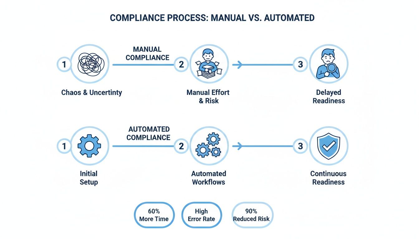 Diagram illustrating the manual versus automated compliance process, showing the benefits of automation.