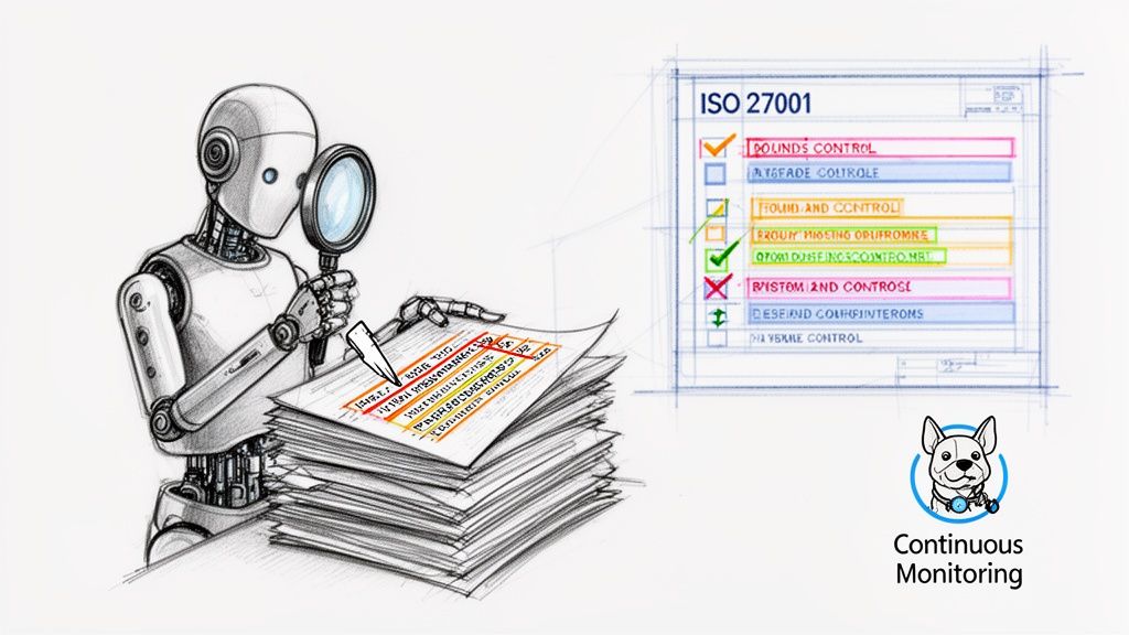 A robot with a magnifying glass reviews documents while a checklist for ISO 27001 is shown, symbolizing continuous monitoring.