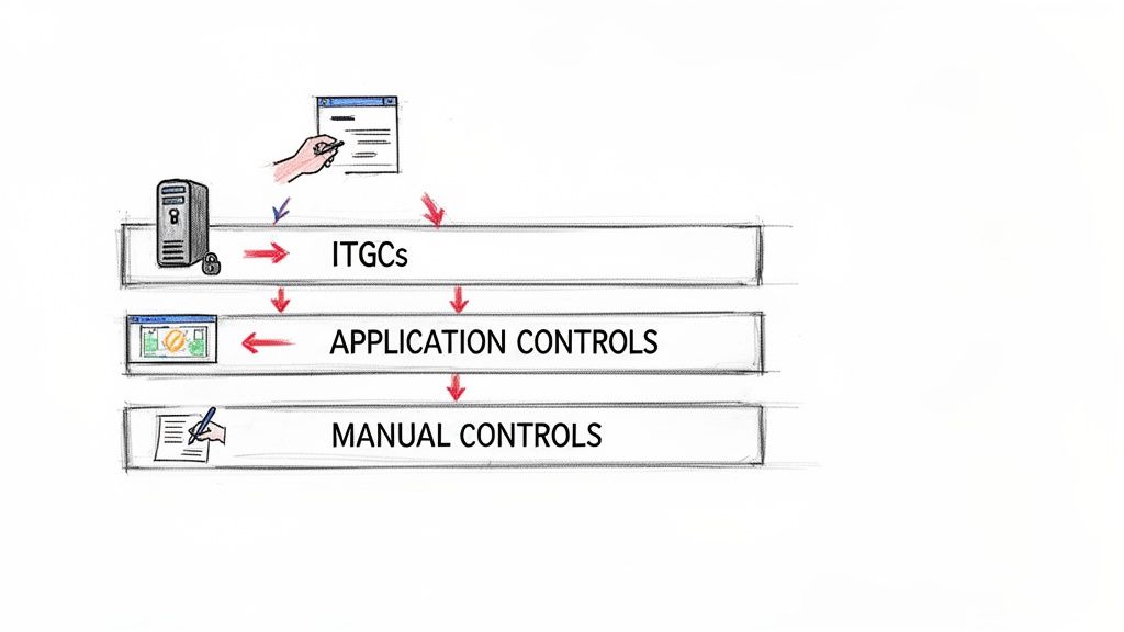 A diagram illustrating the hierarchical relationship between IT general, application, and manual controls.