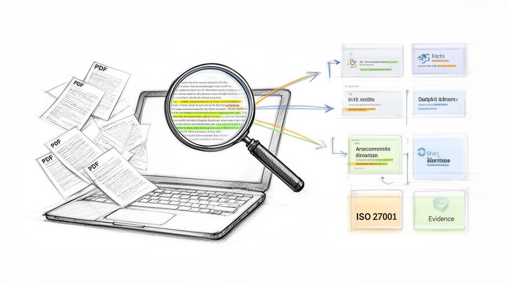 An illustration of documents processed by a laptop, magnifying glass highlighting text, leading to compliance outputs.