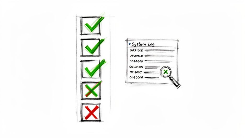 A checklist with green checks and red crosses next to a system log indicating audit results.