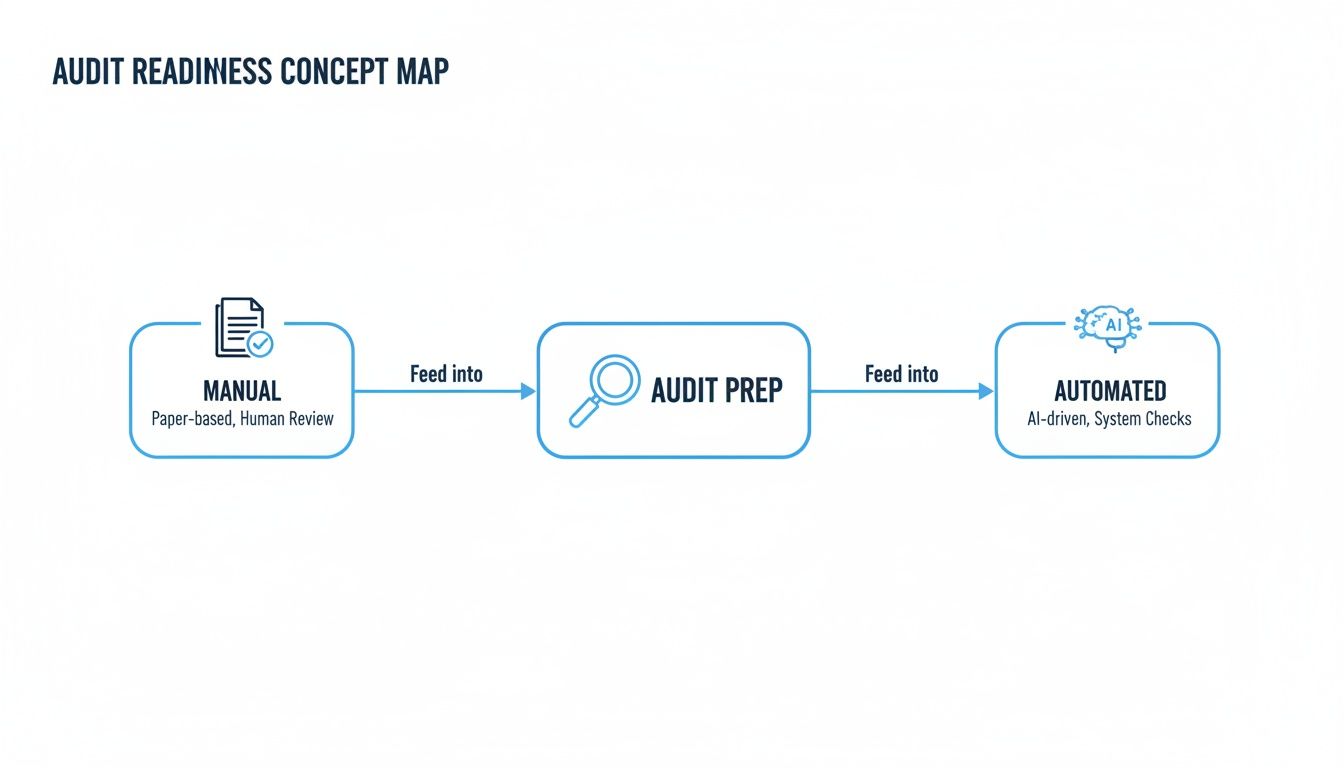 A concept map showing the audit readiness journey from manual paper-based review to AI-driven automated checks.
